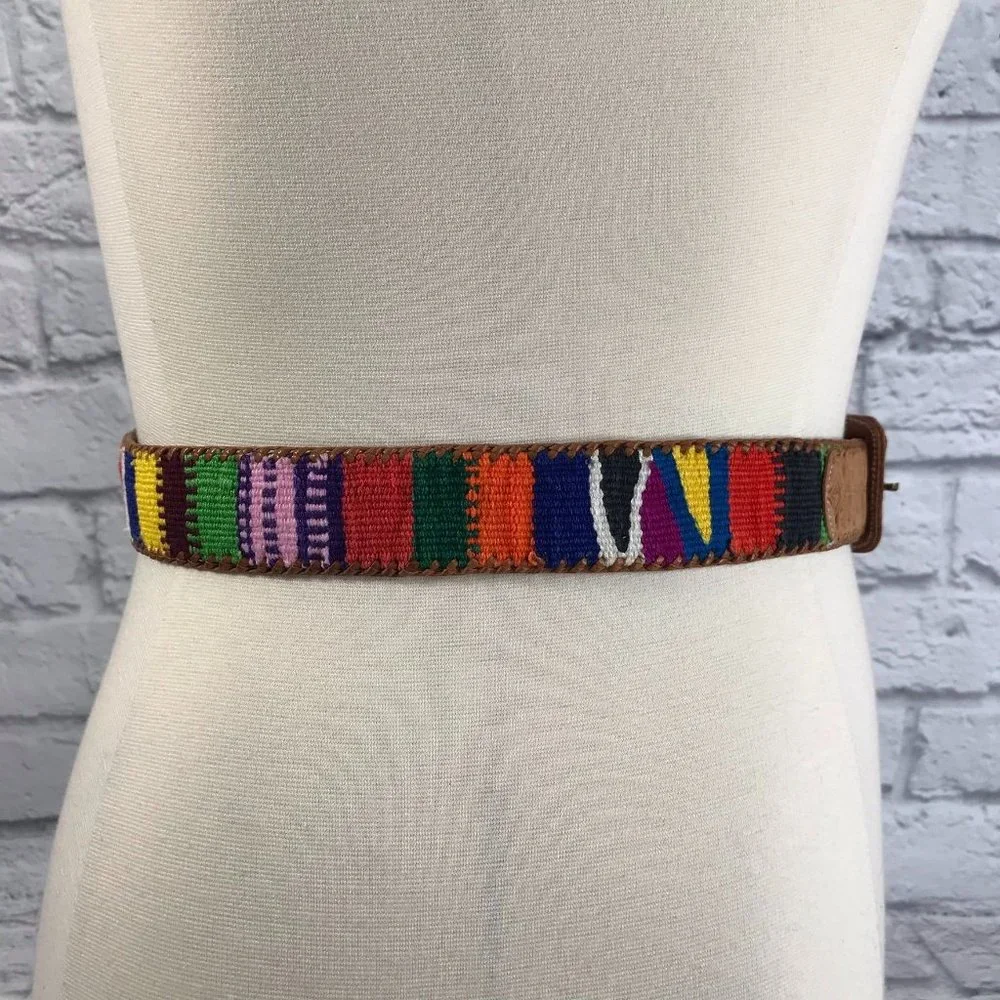 Vintage Leather Cotton Multi Color Belt Size XL Southwestern Style 2v1-84
